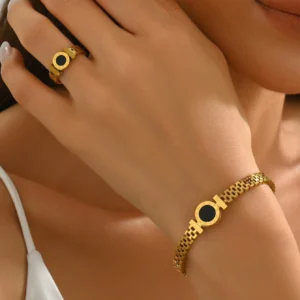 2Pcs 18K Gold Plated & Black Disc Bracelet & Ring