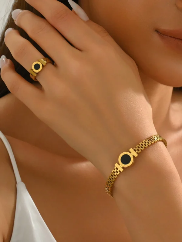 2Pcs 18K Gold Plated & Black Disc Bracelet & Ring