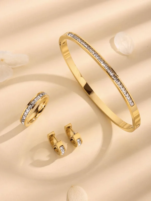 4Pcs 18K Gold Plated Rhinestone Bracelet, Ring, Earring Set - Image 2