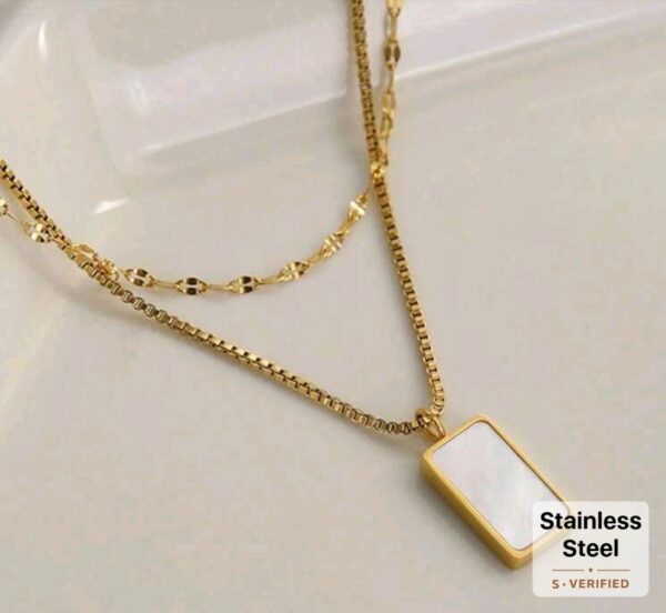 18k Gold Double Layered White Square Pendant Necklace - Image 3