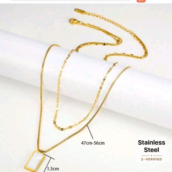 18k Gold Double Layered White Square Pendant Necklace - Image 5