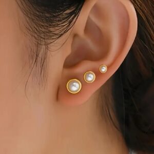 3Pcs 18K Gold Plated & Faux Pearl Stud Earrings