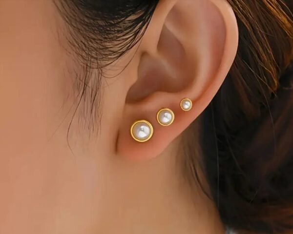 3Pcs 18K Gold Plated & Faux Pearl Stud Earrings
