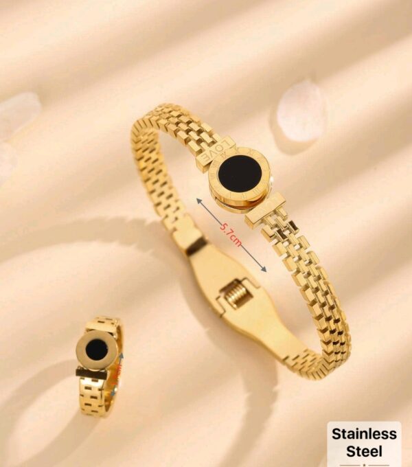 2Pcs 18K Gold Plated & Black Disc Bracelet & Ring - Image 3