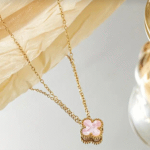 Waterproof Gold Plated Flower/Clover Pink Pendant Necklace