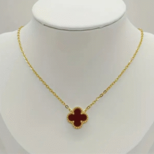 Waterproof Gold Plated Flower/Clover Burgundy Pendant Necklace
