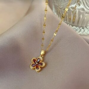 Waterproof Gold Plated Burgundy Five Petal Pendant Necklace