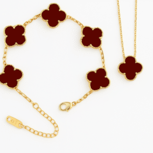 2Pcs Waterproof Gold Plated Burgundy Flower/Clover Pendant Necklace